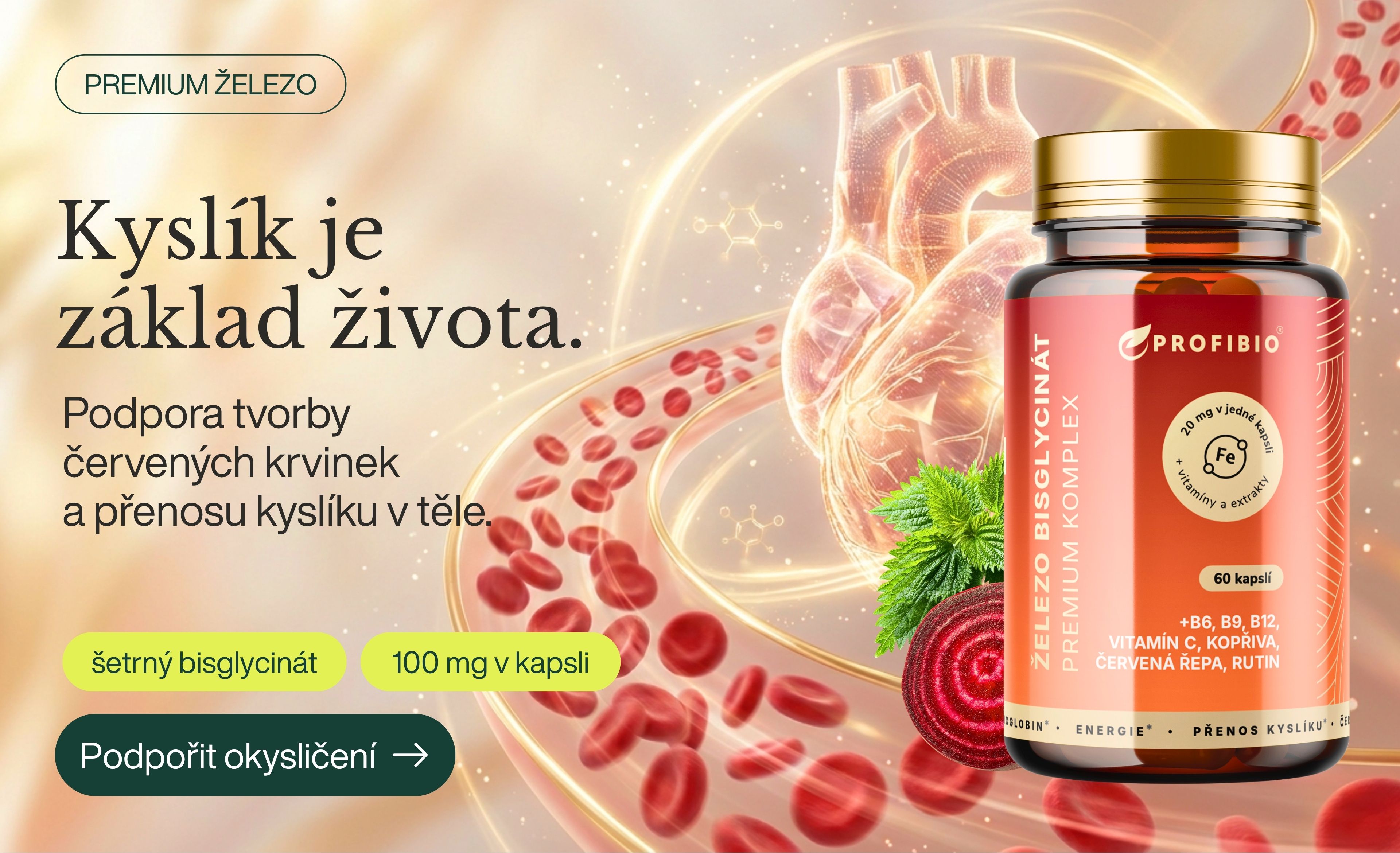 PREMIUM Železo bisglycinát OXYGEN & BLOOD KOMPLEX + B6, B9, B12, vitamín C, kopřiva, červená řepa, rutin (Chelátová forma železa s vysokou vstřebatelností), 60 kapslí
